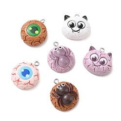 Mixed Color Spooky Halloween Opaque Resin Pendants, Mixed Shapes Charm, with Platinum Iron Loop, Mixed Color, 21.5~25.5x20.5~22.5x8~9.5mm, Hole: 1.8mm