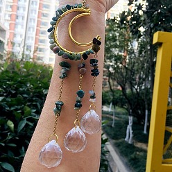 (RRHB277) Кристалл на подкладке из медово-бежевого цвета Металлические подвески со стеклянными украшениями, с индийским агатом, луна и слеза, 210~230 мм