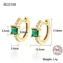 Зеленый Серьги-кольца из настоящего 18k позолоченного 925 стерлингового серебра, квадратные серьги с цирконием, с печатью s925, зелёные, 11.8x13.5 мм