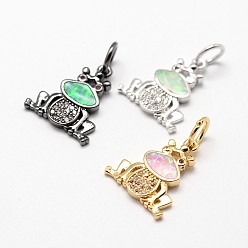 Mixed Color Brass Micro Pave Cubic Zirconia Pendant, with Synthetic Opal, Frog, Mixed Color, 16x14x2mm, Hole: 4.5mm