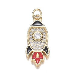 Golden Brass Micro Clear Cubic Zirconia Pendants, with Enamel, Long-Lasting Plated, Rocket Shape, Black & Red, Golden, 20x8x2mm, Hole: 3mm