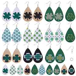 Green DIY Earring Making, with PU Leather Big Pendants, Brass Earring Hooks and Iron Jump Rings, Teardrop, Green, 56x37x1.5mm, Hole: 1.2mm