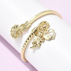 Золотой Браслеты-манжеты с прозрачным кубическим цирконием из латуни с микропаве, браслеты с подвесками для женщин, подсолнух и сердце, золотые, внутренний диаметр: 2.13 дюйм (5.4 см)