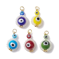 Mixed Color Lampwork & Glass Seed Beaded Pendant, with Jump Rings, Evil Eye Charms, Mixed Color, 20.5x11x7.5mm, Hole: 3mm