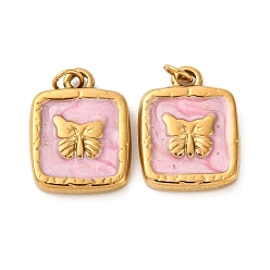 Pink 304 нержавеющей стальной эмали подвески, квадрат с подвеской-бабочкой, с целью перехода в кольце, ионное покрытие (ip), реальный 18 k позолоченный, розовые, 16x12x2.5 мм, отверстие : 2.5 мм