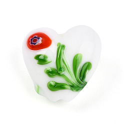 Белый Бусины из стекла миллефиори ручной работы с неровностями, Сердце & цветок, белые, 19.5~20.5x19.5~20x11~12 мм, отверстие : 1.5~2 мм