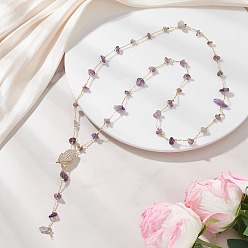 Аметист Ожерелья из цепочек ручной работы с натуральным аметистом, Латунные ожерелья-лариаты с микропаве из прозрачных листьев для женщин, золотые, 29.76 дюйм (75.6 см)