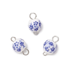 Платина Фарфоровые керамидные звенья с цветочным принтом ручной работы, круглые подвески-подвески с железными петлями, синий и белый, платина, 13.5x8 мм, отверстия : 1.6 mm и 2.5 мм