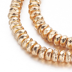 Гальванический Розовый Золотой Гальванизировать немагнитных синтетический гематит бисер пряди, граненые, рондель, розовое золото, 4x2 мм, отверстие : 0.6 мм, около 206 шт / нитка, 15.7 дюйм