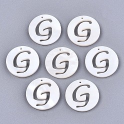 Letter G Natural Freshwater Shell Charms, Flat Round with Hollow Out Letter, Letter.G, 14.5x1.5mm, Hole: 0.9mm