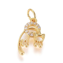 Real 18K Gold Plated Brass Micro Pave Cubic Zirconia Pendants, with Jump Ring, Long-Lasting Plated, Ring with Cat, Clear, Real 18K Gold Plated, 15x9x1.5mm, Hole: 3.5mm