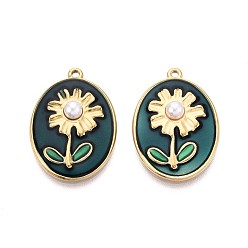 чирок 304 подвески из эмали из нержавеющей стали и искусственного жемчуга из АБС-пластика, овал с цветочными подвесками, ионное покрытие (ip), реальный 18 k позолоченный, зелено-синие, 26x18x5 мм, отверстие : 1.2 мм