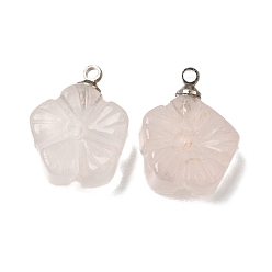 Rose Quartz Natural Rose Quartz Pendants, with 201 Stainless Steel Loops, Flower Charms, 18x14x7mm, Hole: 1.6mm