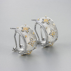 Серебро Серьги-кольца из латуни с прозрачным кубическим цирконием, С-образная форма с полым цветком, серебряные, 20x10 мм