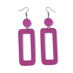 Hot Pink Wood Dangle Earrings, with Platinum Tone Iron Earring Hooks, Rectangle, Hot Pink, 106mm, Pin: 0.6mm, Flat Round: 14.5mm, Rectangle: 66x29x2.5mm