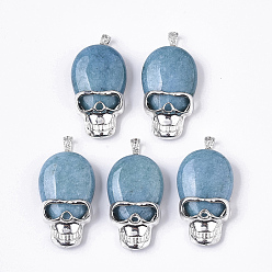 Sky Blue Natural Jade Pendants, with Alloy Findings, Dyed, Skull, Platinum, Sky Blue, 43~44x25x11~12mm, Hole: 7.5x4mm
