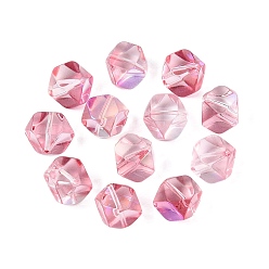 Flamingo Electroplate Transparent Glass Beads, Cube, Faceted, Rainbow Plated, Baking Paint, Flamingo, 11.5~12x13~13.5x9.5mm, Hole: 1~1.2mm