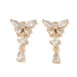 Настоящее золото 18K Латунные микропаве прозрачные подвески с фианитом, без кадмия, без никеля и без свинца, бабочка, реальный 18 k позолоченный, 21.5x13x4 мм, отверстие : 1.8 мм