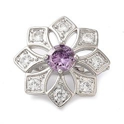 Платина Латунное микропейв, прозрачный кубический цирконий, складные застежки, без кадмия, без никеля и без свинца, цветок, фиолетовые, платина, 20.5x8.5 мм