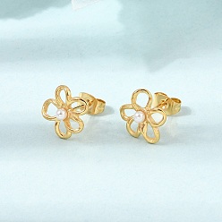 Golden 304 Stainless Steel Stud Earrings for Women, with Plastic Pearl, Flower, Golden, 10.5x11mm