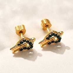 Папоротник Зеленый Ионное покрытие (ip) 304 серьга-гвоздик в форме сердца из нержавеющей стали, со стразами, реальный 14 k позолоченный, Папоротник зеленый, 6.5x9 мм