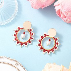 Красный Серьги-гвоздики из латунного стекла с солнечными лучами, с жемчугом из раковины , золотые, красные, 48.5x42 мм