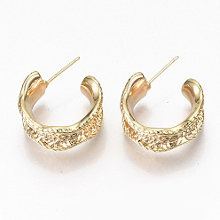 Real 18K Gold Plated Brass Half Hoop Earrings, Stud Earring, Hammered, Ring, Nickel Free, Real 18K Gold Plated, 25~27x22.5x9.5mm, Pin: 0.7mm