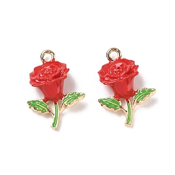 Red Alloy Enamel Pendants, Rose Flower Charms, Golden, Red, 19x13x6mm, Hole: 1.6mm