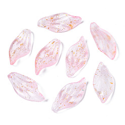 Pink Frosted Transparent Spray Painted Glass Pendants, with Glitter Powder, Leaf, Pink, 30x14x3.5mm, Hole: 1mm