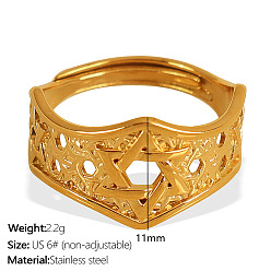 Star of David Adjustable 304 Stainless Steel Finger Rings for Women, Golden, Star of David, US Size 6(16.5mm)