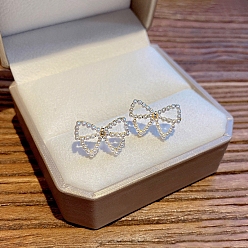 Bowknot Pearl Stud Earrings, 925 Silver Silver Pin Earrings for Women, Bowknot, 26x13mm