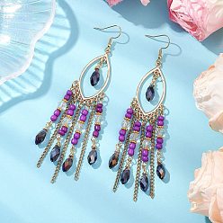 Фиолетовый Овальные стеклянные серьги-гвоздики, с 304 крючками для серег из нержавеющей стали и стеклянными бусинами, золотые, фиолетовые, 110.5x24.5 мм