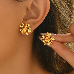 Настоящее золото 18K Серьги-гвоздики в виде цветка из латуни, реальный 18 k позолоченный, 16x16 мм