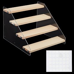 Цвет Древесины 4-ярусные акриловые подставки для фигурок, Деревянный многоуровневый дисплей-органайзер ходер для минифигурок модели игрушек, полка для кукол в виде лестницы, с точечными наклейками или клейкой лентой (отправьте один из них случайным образом), деревесиные, 20.4x21.5x16 см