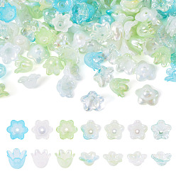 Зеленый Акриловый шарик крышки, с покрытием AB цвета, цветок, зелёные, 11.5~12.5x10.5~12.8x6.5~8.5 мм, 210 шт