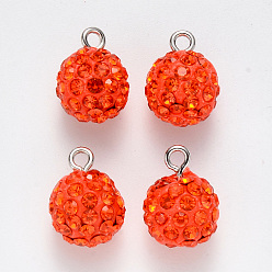 Гиацинт Подвески со стразами из полимерной глины, с железной петлей с платиновым покрытием, круглые, проложить диско-шар, гиацинт, С. 16 (2.2~2.3 мм), 15x12 мм, отверстие : 2 мм