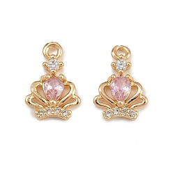 Pink Латунные микро проложить кубического циркония подвески, корона прелести, реальный 18 k позолоченный, розовые, 11.5x8x3 мм, отверстие : 1 мм