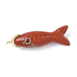 Красный Камень Резные подвески из натуральной красной яшмы, подвески в виде рыбок с латунной микрофиброй и фианитами, золотые, 45.5x12.5x12 мм, отверстие : 1.6 мм