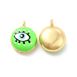 Lime Brass Enamel Charms, Real 18K Gold Plated, Long-Lasting Plated, Flat Round with Evil Eye, Lime, 19x15.5x8mm, Hole: 2mm