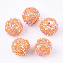 Coral Acrylic Beads, Glitter Beads,with Sequins/Paillette, Round, Coral, 19.5~20x19mm, Hole: 2.5mm
