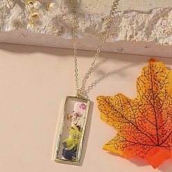 Желтый Прямоугольник с внутренним цветком из смолы подвеска железный трос цепочка ожерелье для женщин, золотые, желтые, 17.72 дюйм (45 см)