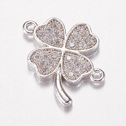 Platinum Brass Micro Pave Cubic Zirconia Links, Clover, Platinum, 15x16x2mm, Hole: 1mm