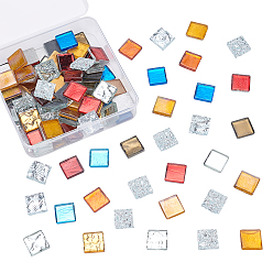 Mixed Color Glass Cabochons, Mosaic Tiles, for Home Decoration or DIY Crafts, Square, Mixed Color, 14.5~15x14.5~15x3.5~4.5mm, about 200g/box