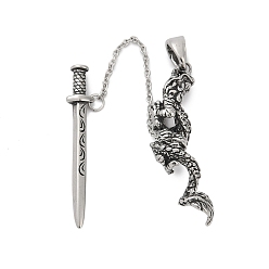Античное Серебро 316 большие подвески из хирургической нержавеющей стали, Дракон с амулетом меча, античное серебро, 113.5 мм, отверстие : 4.5x5.5 мм