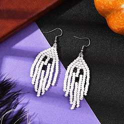 Нержавеющая Сталь Цвет Серьги-подвески из стеклянных бусин ручной работы в виде призрака на тему Хэллоуина, с натуральными черными шпинельными бусинами и 304 крючками для сережек из нержавеющей стали, цвет нержавеющей стали, 72.5x22 мм