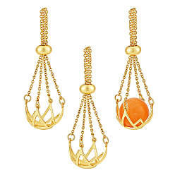 Golden 3Pcs Brass Hollow Round Cage Pendant Decorations, Golden, 40x15.5mm