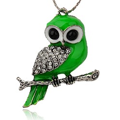 Лайм Старинные антикварные сплава серебра эмаль сова большие кулоны, со стразами, желто-зеленые, 52x43x8 мм, отверстие : 2 мм