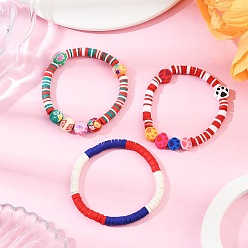 (52) Непрозрачная лаванда 3шт 3цвета браслеты из полимерной глины ручной работы heishi с бусинами для женщин, отпечаток лапы и круг с цветком, разноцветные, внутренний диаметр: 2 дюйм (5~5.2 см)