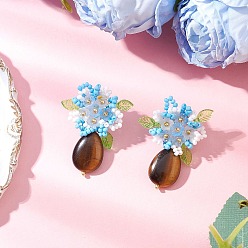 Темно-Голубой Серьги-гвоздики из натурального тигрового глаза, стеклянные бусины ручной работы, цветок, глубокое синее небо, 39~40x27~31 мм