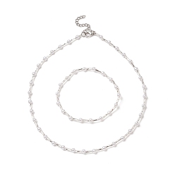 White Bead Stretch Bracelets and Beaded Necklace Sets for Women, with Glass Twisted Bugle & ABS Plastic Imitation Pearl Beads, White, Necklace: 14.33 inch(36.4cm), Bracelet: 2 inch(5.2cm)